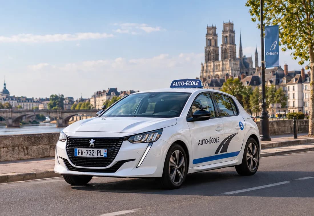 Peugeot 208 blanche d'auto-école avec panneau de toit et macaron « A », sur les quais de Loire à Orléans