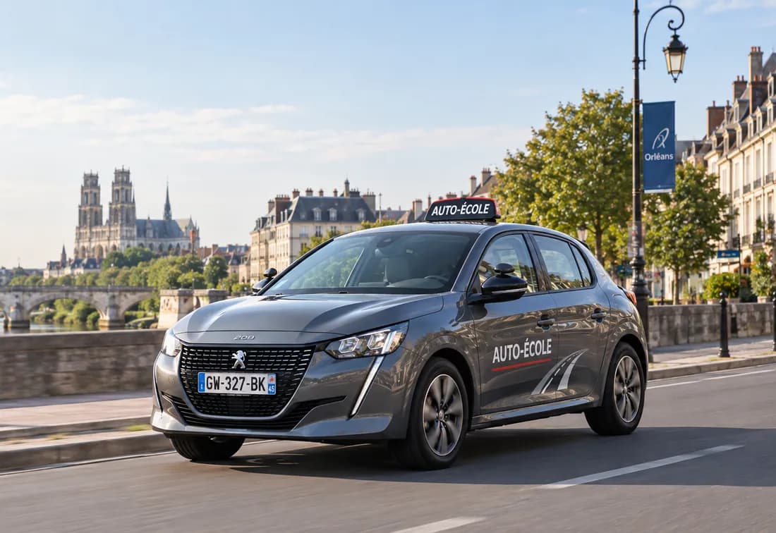 Peugeot 208 grise d'auto-école avec panneau de toit, sur les quais de Loire, cathédrale d'Orléans au loin