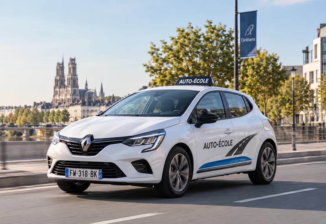 Renault Clio blanche d'auto-école en circulation sur les quais de Loire à Orléans