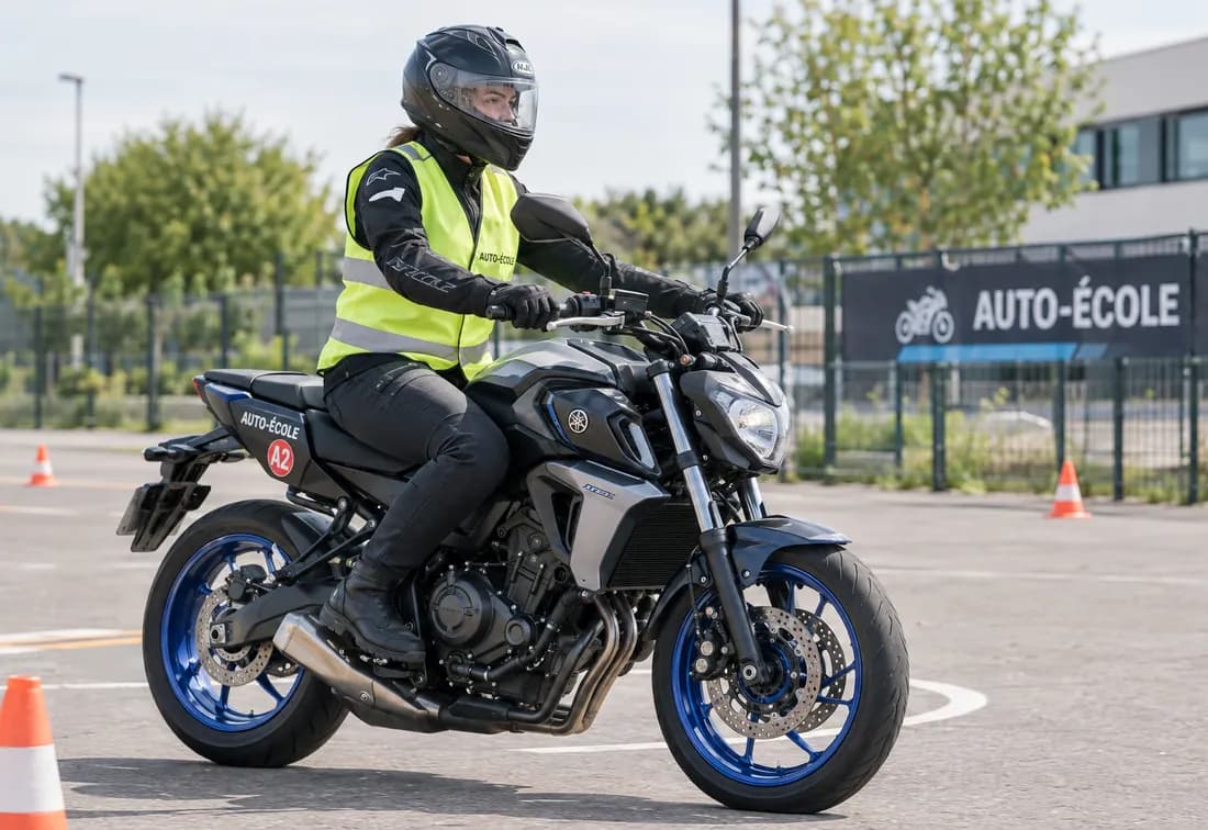 Élève casquée en gilet haute visibilité « Auto-école » sur une moto A2, sur le plateau d'entraînement balisé de cônes