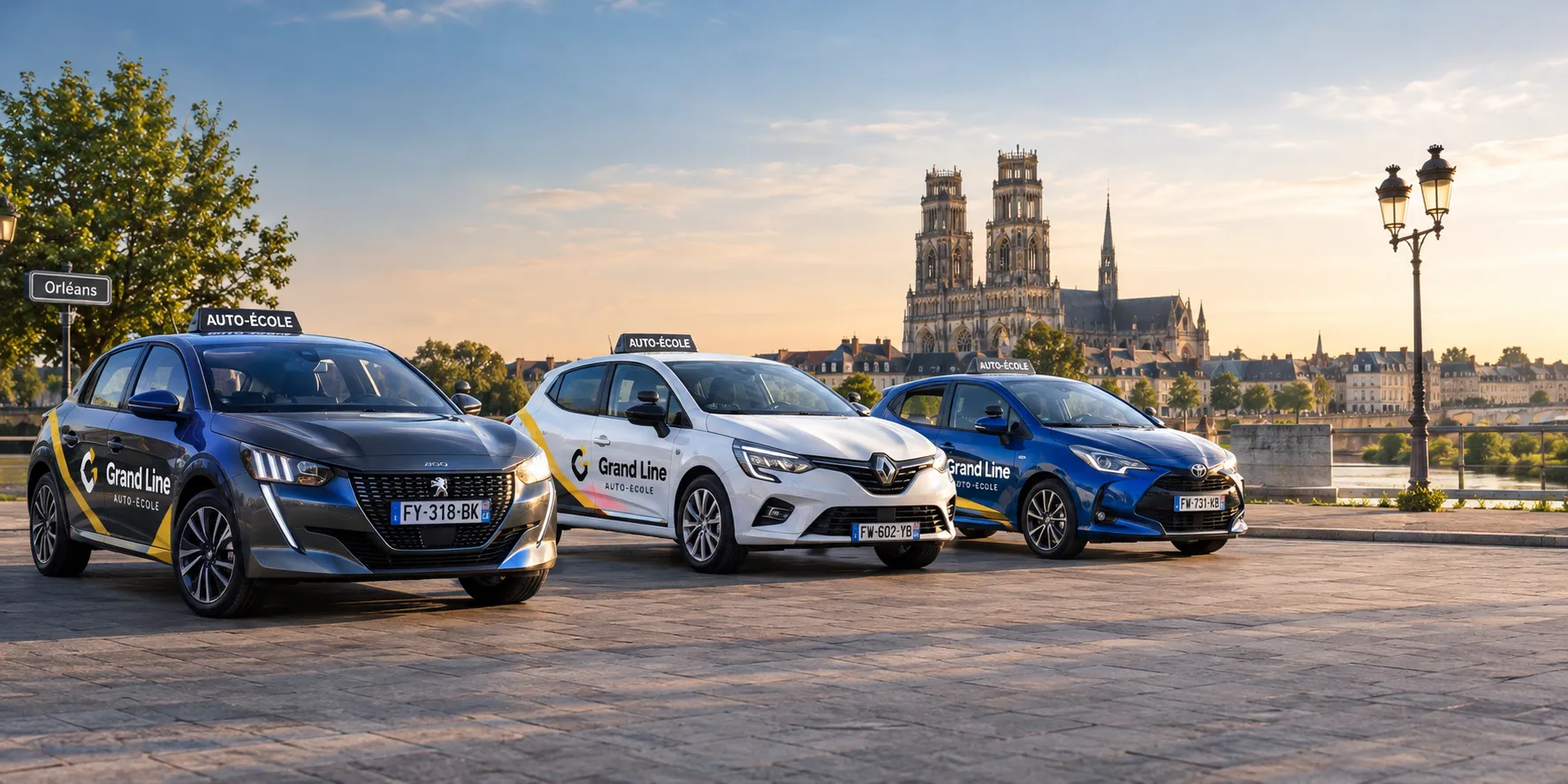 Trois voitures-écoles Grand Line (Peugeot 208, Renault Clio, Toyota Yaris) avec panneau de toit auto-école, sur les quais de Loire devant la cathédrale Sainte-Croix d'Orléans