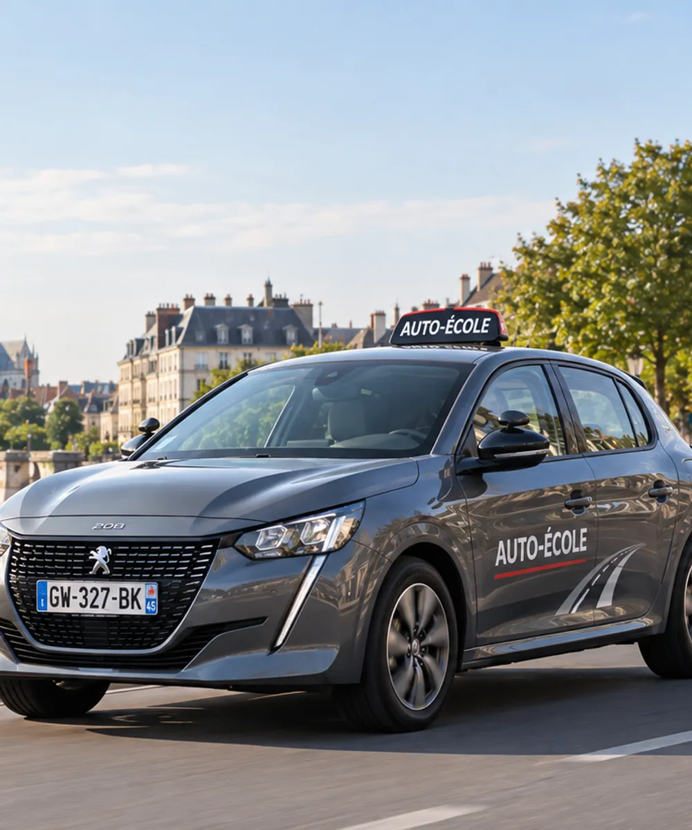 Peugeot 208 grise d'auto-école avec panneau de toit, en circulation sur les quais de Loire à Orléans