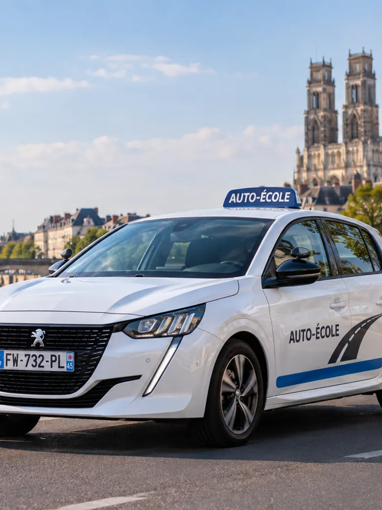 Peugeot 208 blanche d'auto-école avec macaron « A », sur les quais de Loire devant la cathédrale d'Orléans