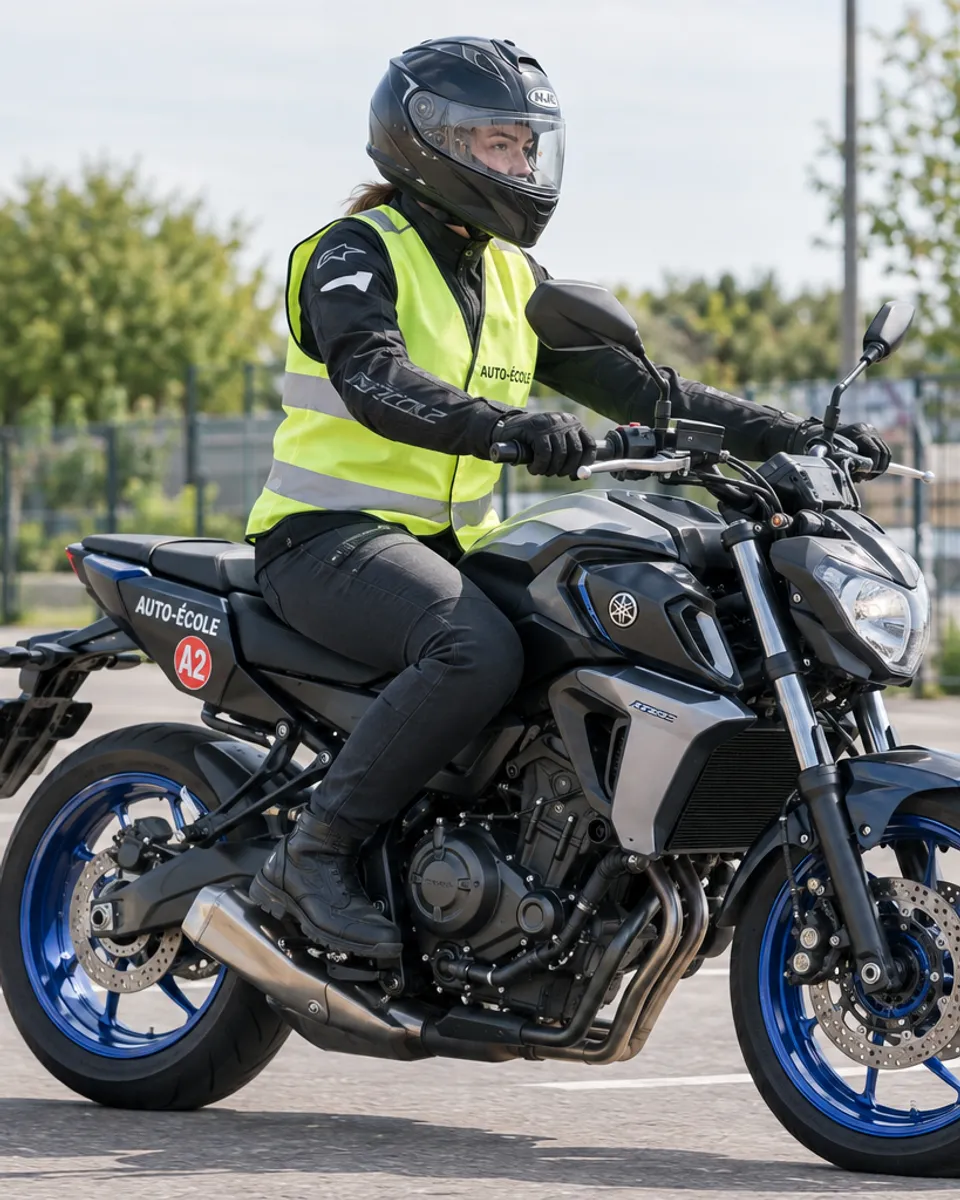 Élève casquée en gilet haute visibilité sur une moto A2, plateau d'entraînement balisé de cônes